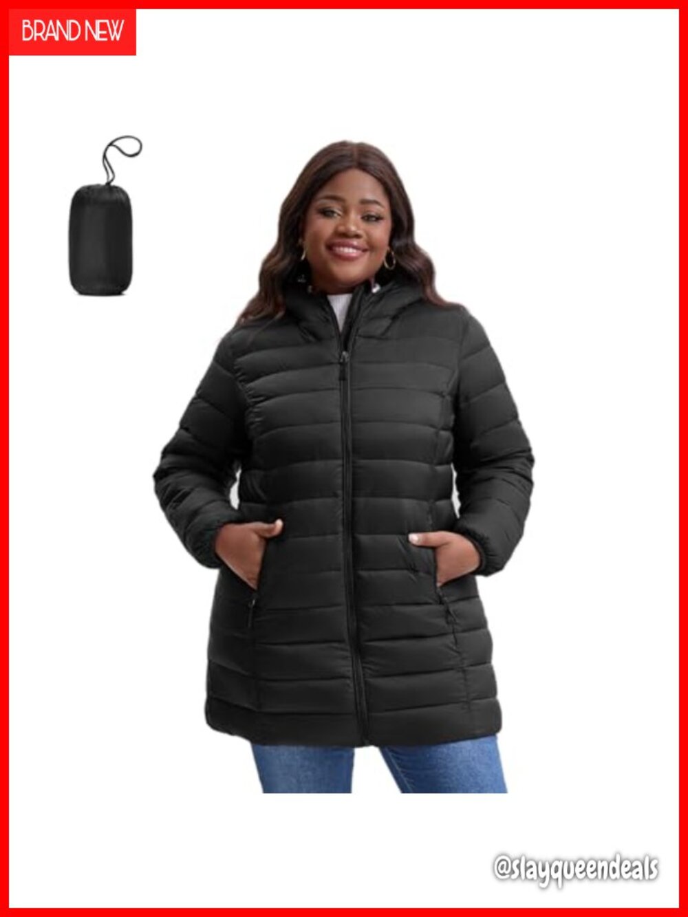 Plus Size Puffer Jacket 1X-7X Water-Resistant Mid-Length Winter Coat
